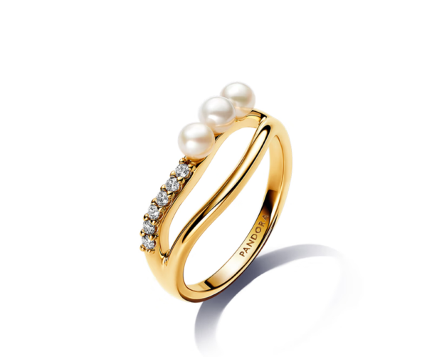 No Crying Pearl Double Ring Gold Wave Ring